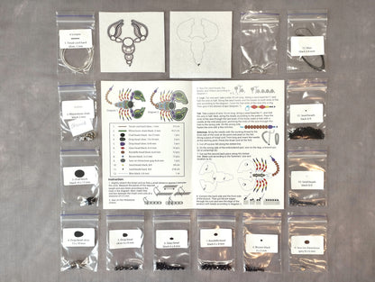 various beads, instructions, and materials for creating beaded jewelry, including a diagram of a scorpion design and a list of bead sizes and colors.