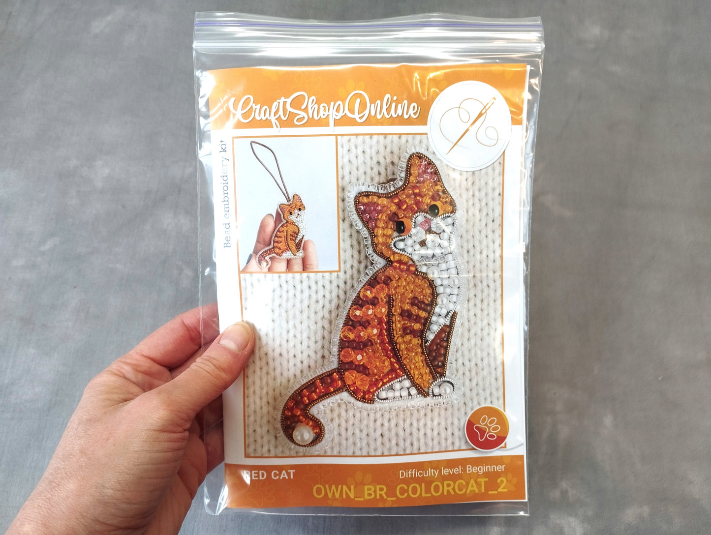 A hand holding a package containing a kit for creating a red cat embroidery.