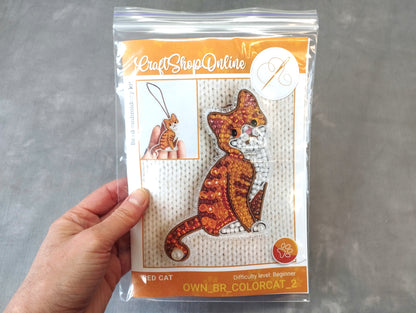 A hand holding a package containing a kit for creating a red cat embroidery.