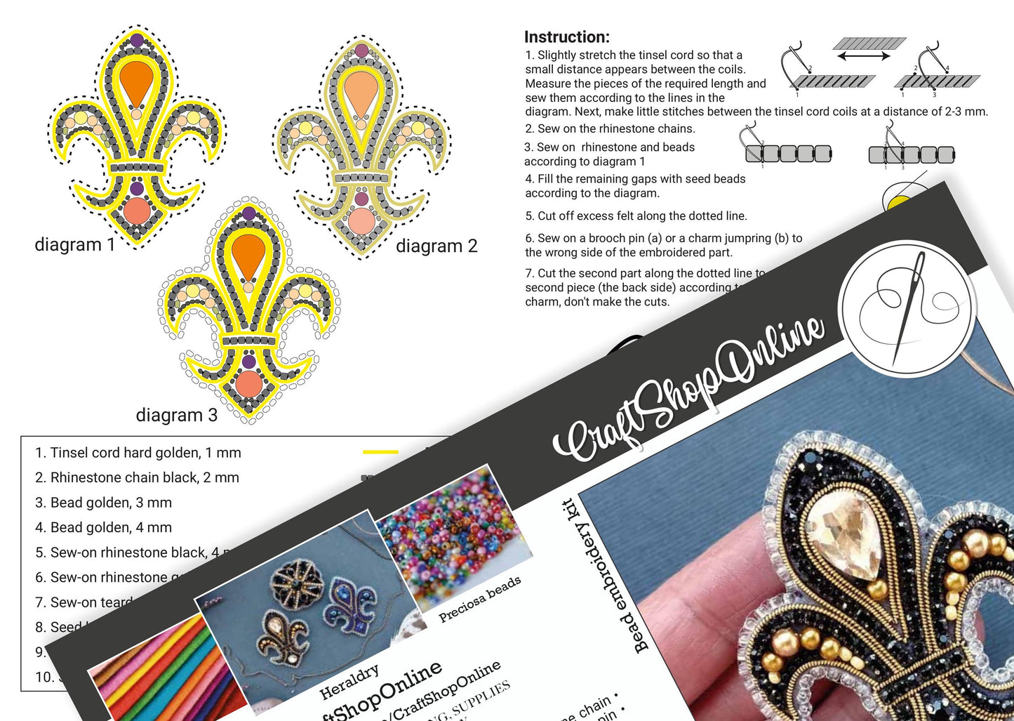 The image is a collage of three photographs depicting different stages of a fleur-de-lis-inspired beaded design. The photographs show the initial design, the sewing process, and the completed finished product.