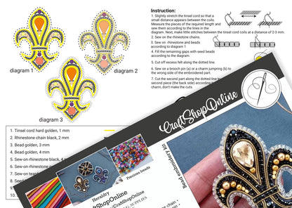 The image is a collage of three photographs depicting different stages of a fleur-de-lis-inspired beaded design. The photographs show the initial design, the sewing process, and the completed finished product.