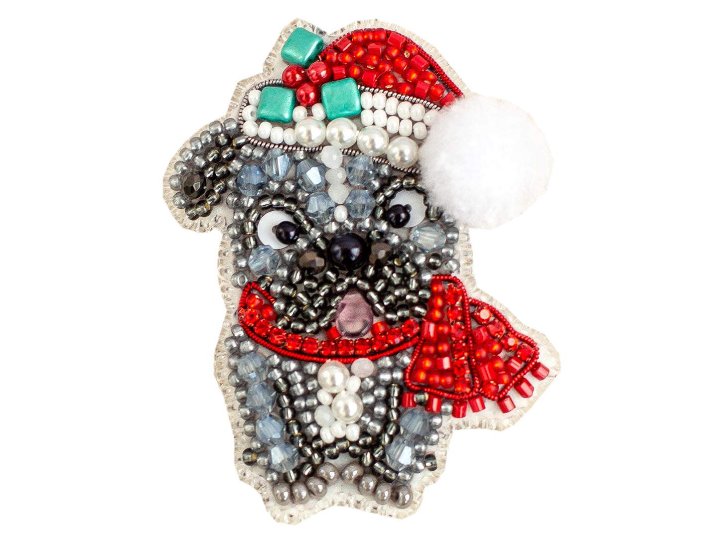 A decorative piece featuring a dog wearing a Santa hat and scarf made of beads and other embellishments.