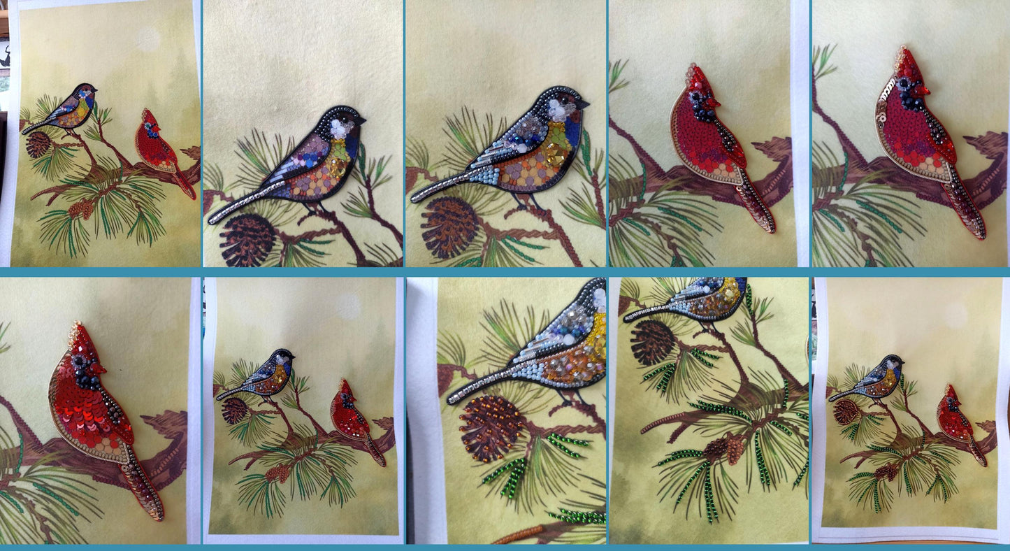 The image is a collage of nine images featuring various birds perched on branches with pine cones. The birds are depicted in different colors and sizes, creating a visually appealing and diverse collection of nature-inspired scenes.