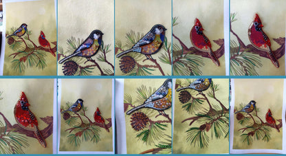 The image is a collage of nine images featuring various birds perched on branches with pine cones. The birds are depicted in different colors and sizes, creating a visually appealing and diverse collection of nature-inspired scenes.
