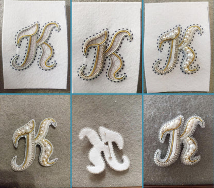 six different images of the letter 'K' with various embellishments, such as pearls, beads, and embroidery.
