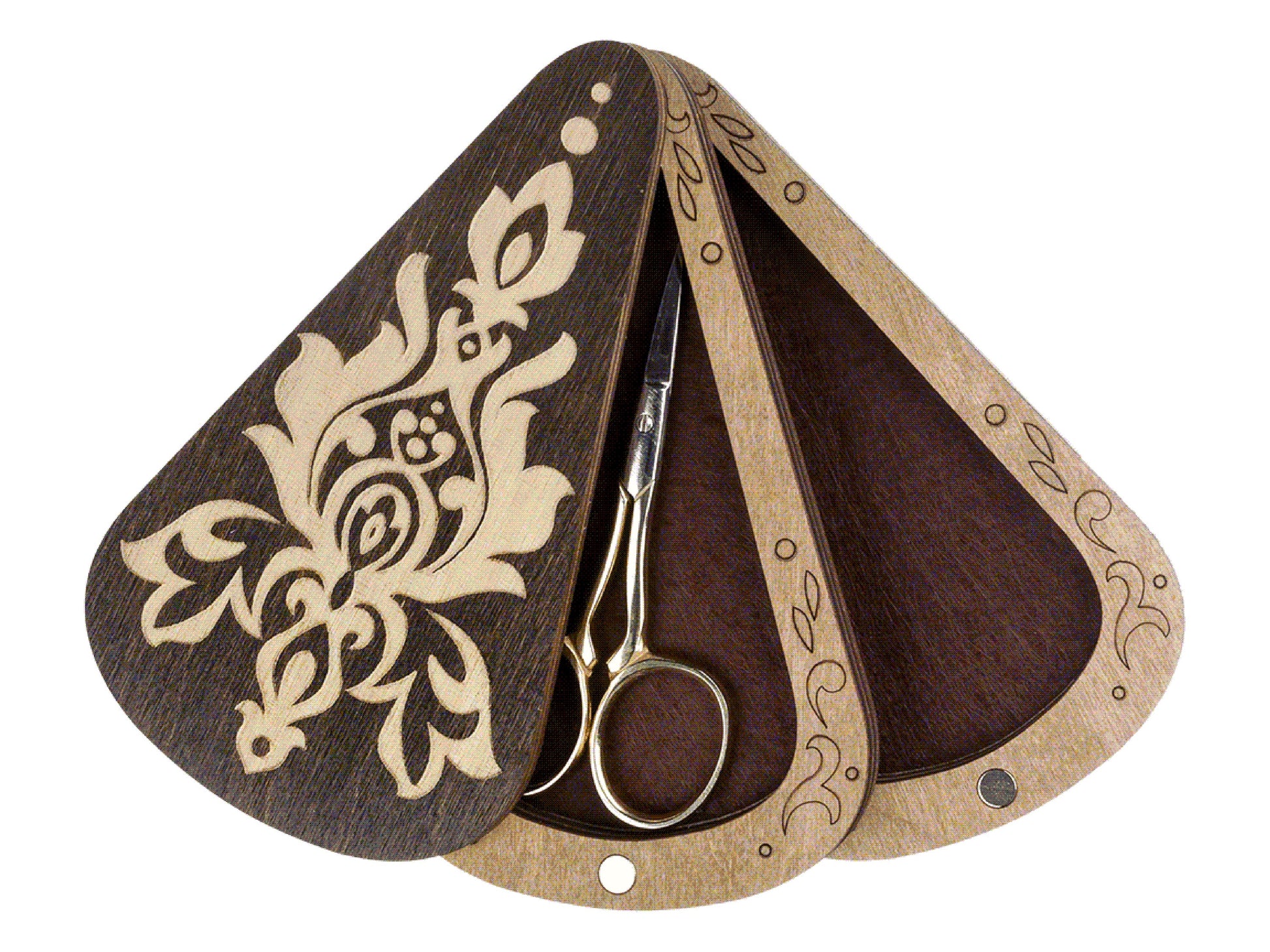 a pair of scissors sitting on top of a wooden holder
