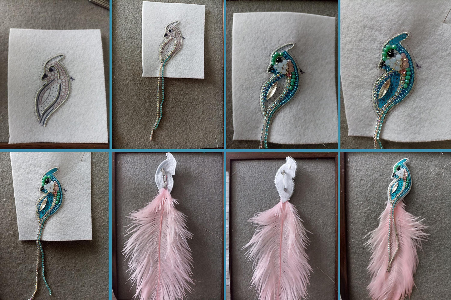 The image is a collage of four photographs showing the progress of creating a decorative feather earring. The photographs depict the initial design, the construction process, and the final product.