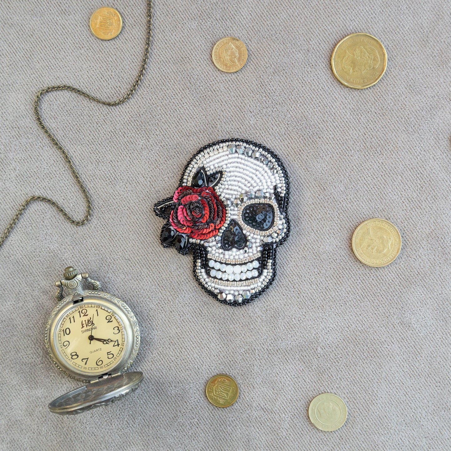 Skull with Rose - Readymade Beaded Brooch