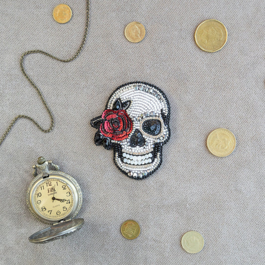 Skull with Rose - Readymade Beaded Brooch