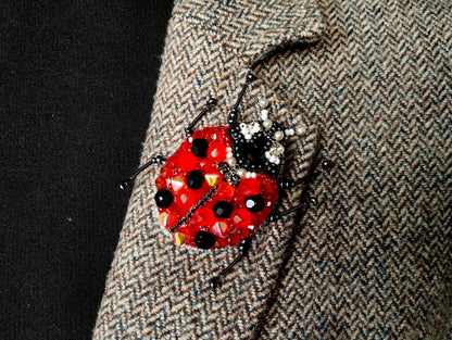 A close-up image of a red and black ladybug brooch with beaded accents, attached to a grey tweed jacket.
