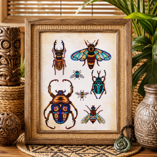 a framed collage of various colorful insects, including a large beetle, a butterfly, and several smaller insects, all set against a white background.