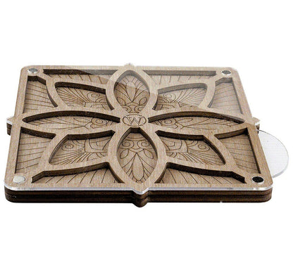 a close up of a wooden object on a white background