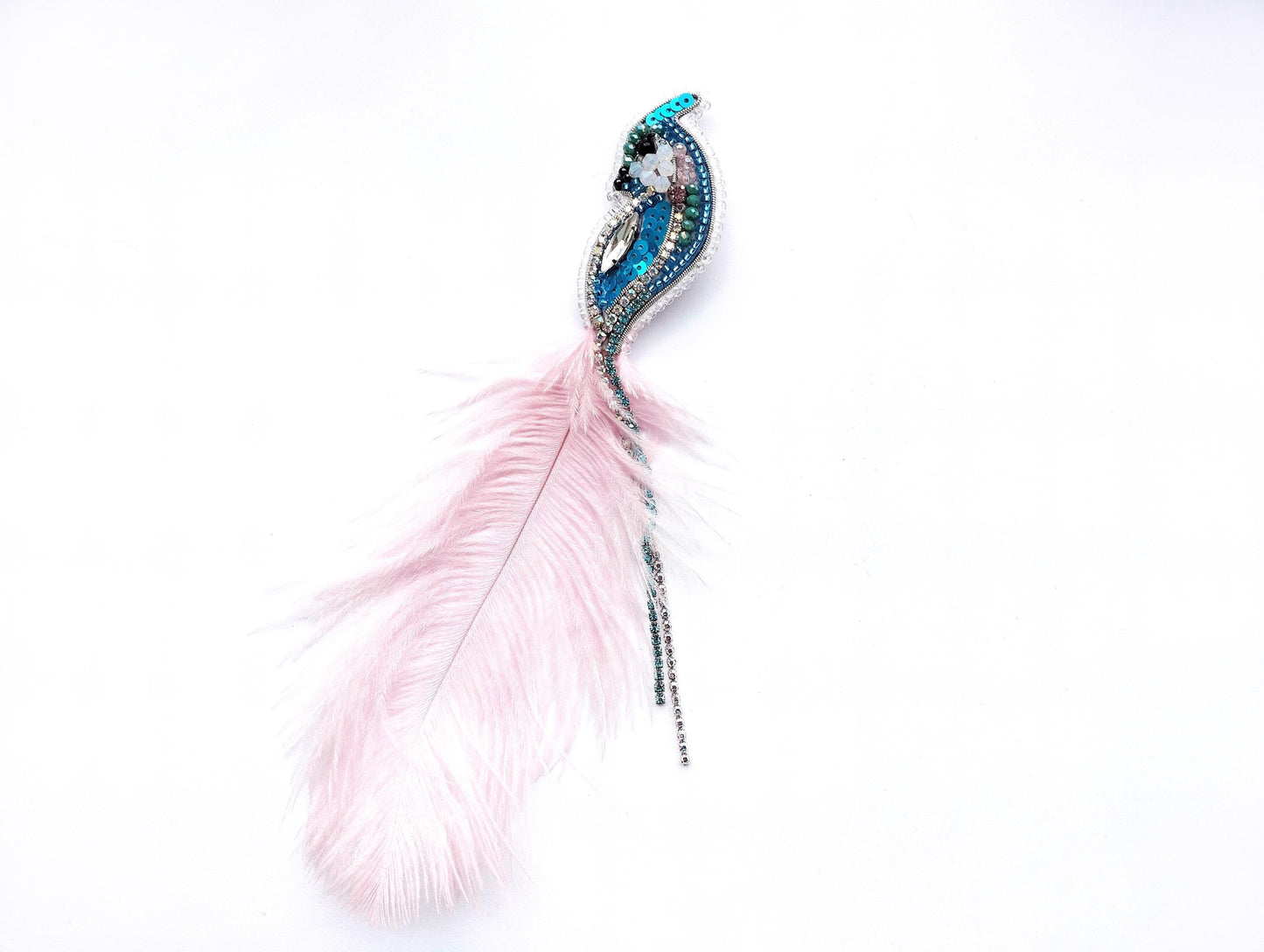 A decorative feather with a blue and green design, possibly made of beads or sequins, is shown against a white background.