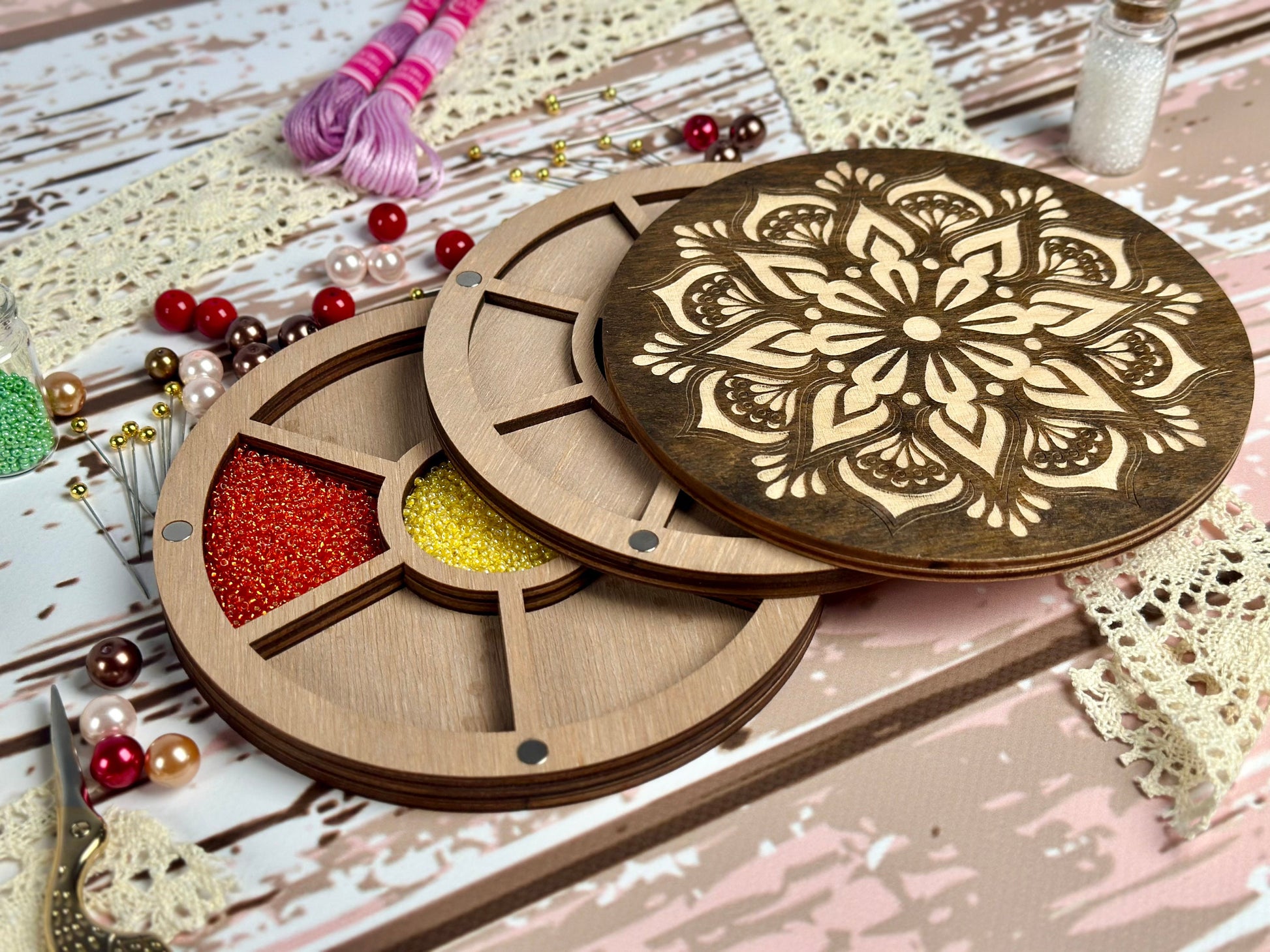 a couple of wooden discs sitting on top of a table