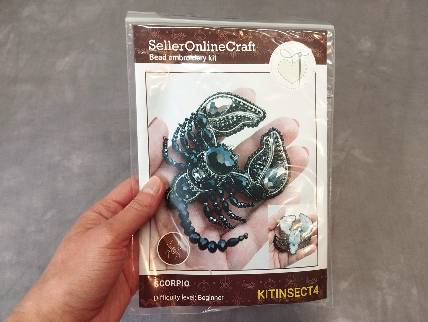 A hand holding a package containing a bead embroidery kit for creating a piece of jewelry, specifically a necklace.