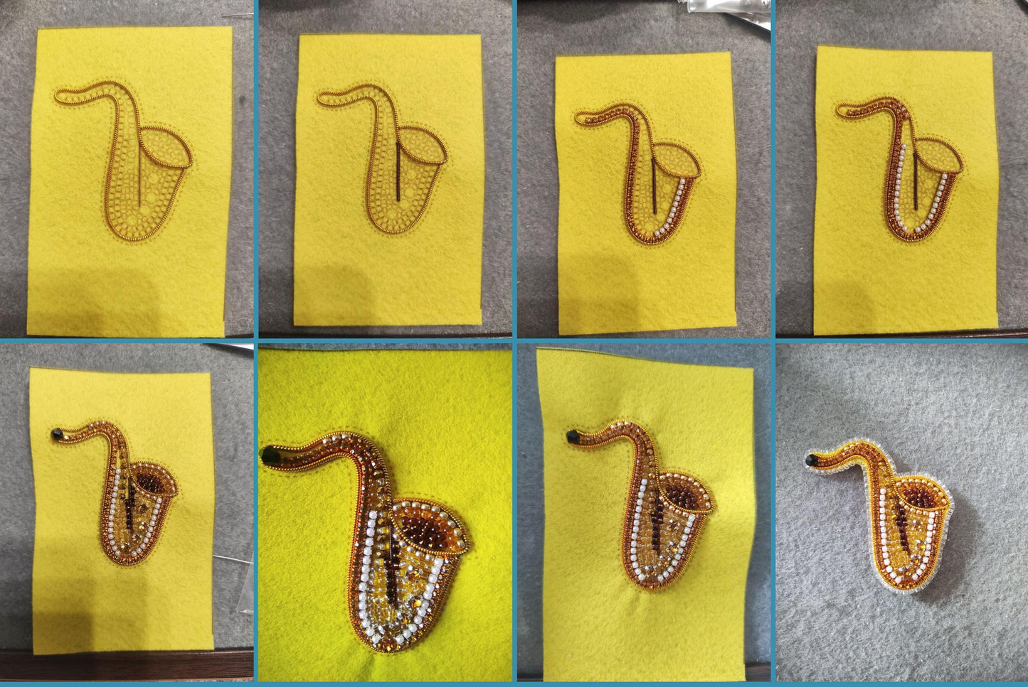 The image is a collage of six photographs, each featuring a yellow felt piece with a brown saxophone design. The photographs are arranged in a grid format, showcasing the saxophone designs in various sizes and orientations.