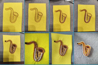 The image is a collage of six photographs, each featuring a yellow felt piece with a brown saxophone design. The photographs are arranged in a grid format, showcasing the saxophone designs in various sizes and orientations.