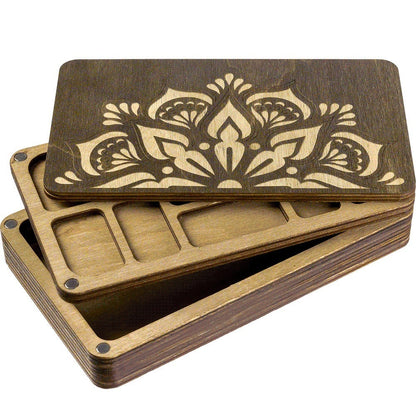 a couple of wooden trays sitting on top of each other