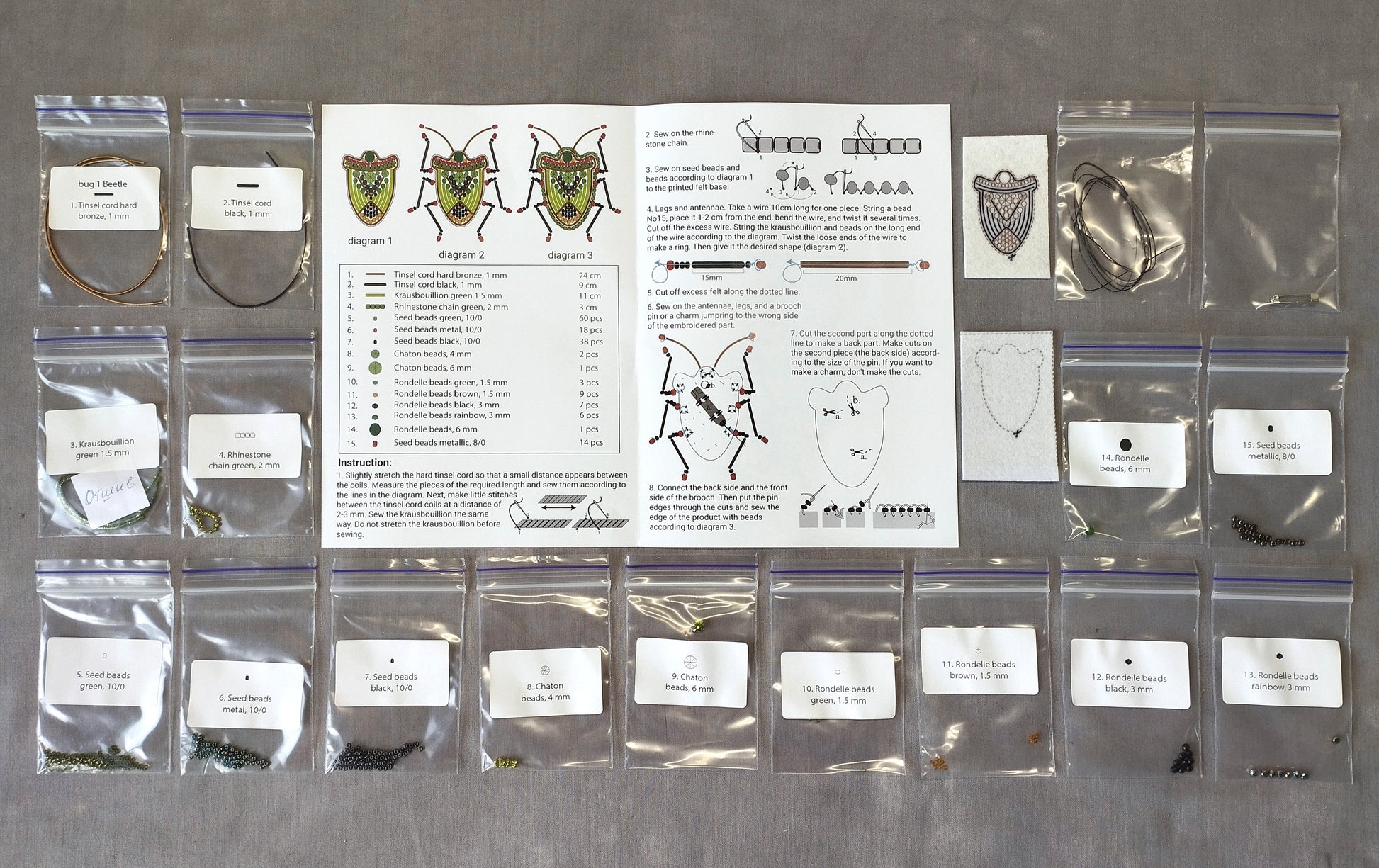 The image is a collection of various items, including bags, boxes, and instructions, arranged on a table.