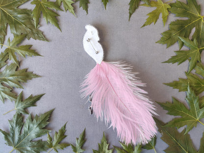 a white feather pin surrounded by green leaves on a gray background.