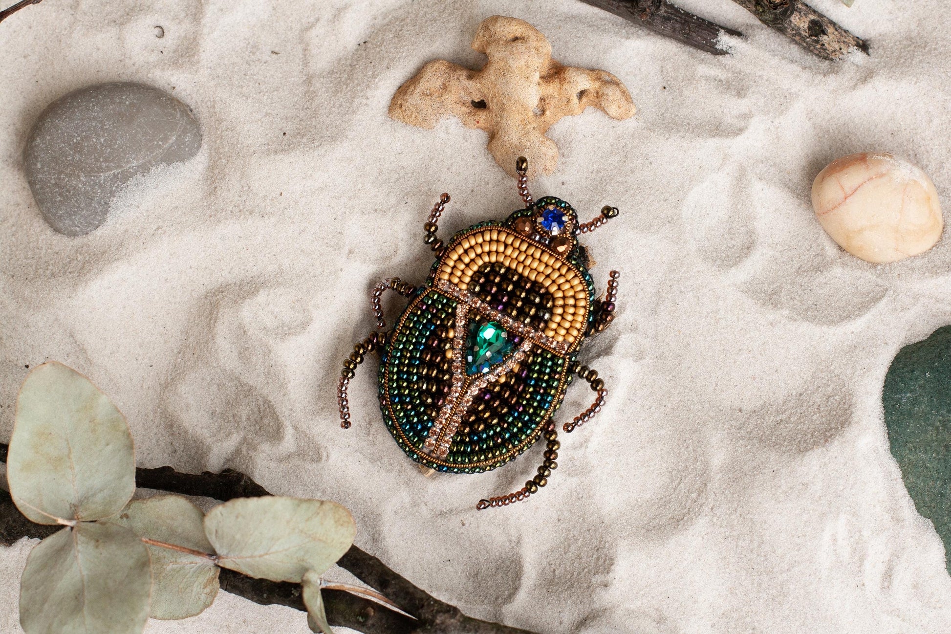 a beetle is sitting on the sand next to a plant