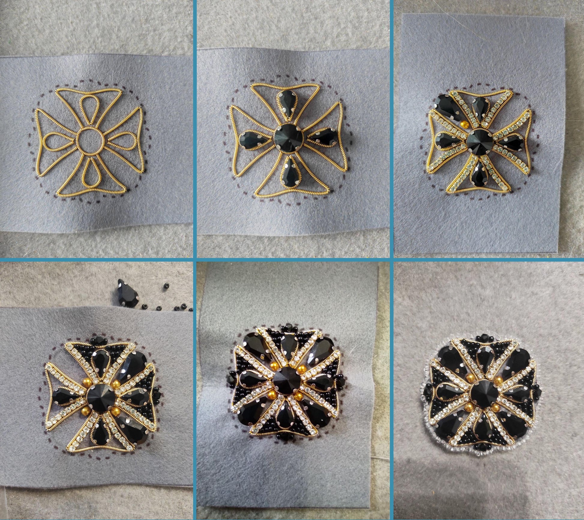 The image is a collage of six photographs depicting the process of creating a decorative piece with black gemstones and gold wire.