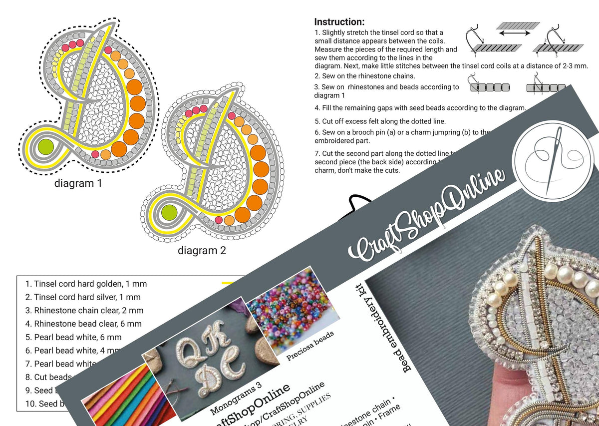 The image is a collage of two diagrams, each with instructions for creating beaded jewelry. The diagrams include step-by-step instructions for cutting cord, making stitches, and assembling the final piece. The collage also includes images of finished jewelry pieces and various beads, as well as a hand holding a completed beaded piece.