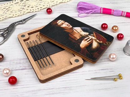 a picture of a woman with a pearl necklace and a pair of scissors