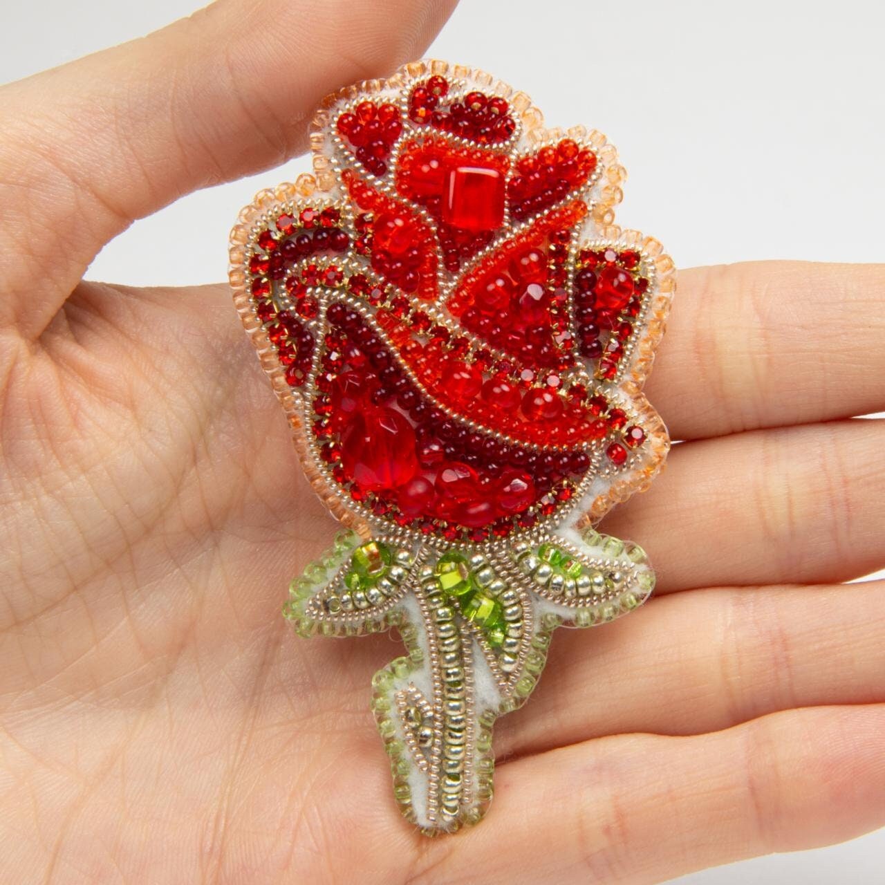Red Rose Flower - Readymade Beaded Brooch