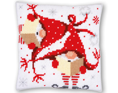 Red Gnomes Embroidery Pillow Kit | DIY Christmas Cross Stitch Cushion Cover