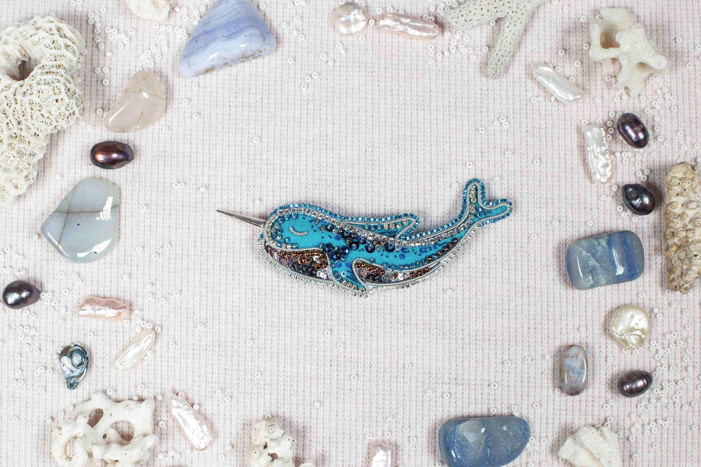 Blue Narwhal - Readymade Beaded Brooch