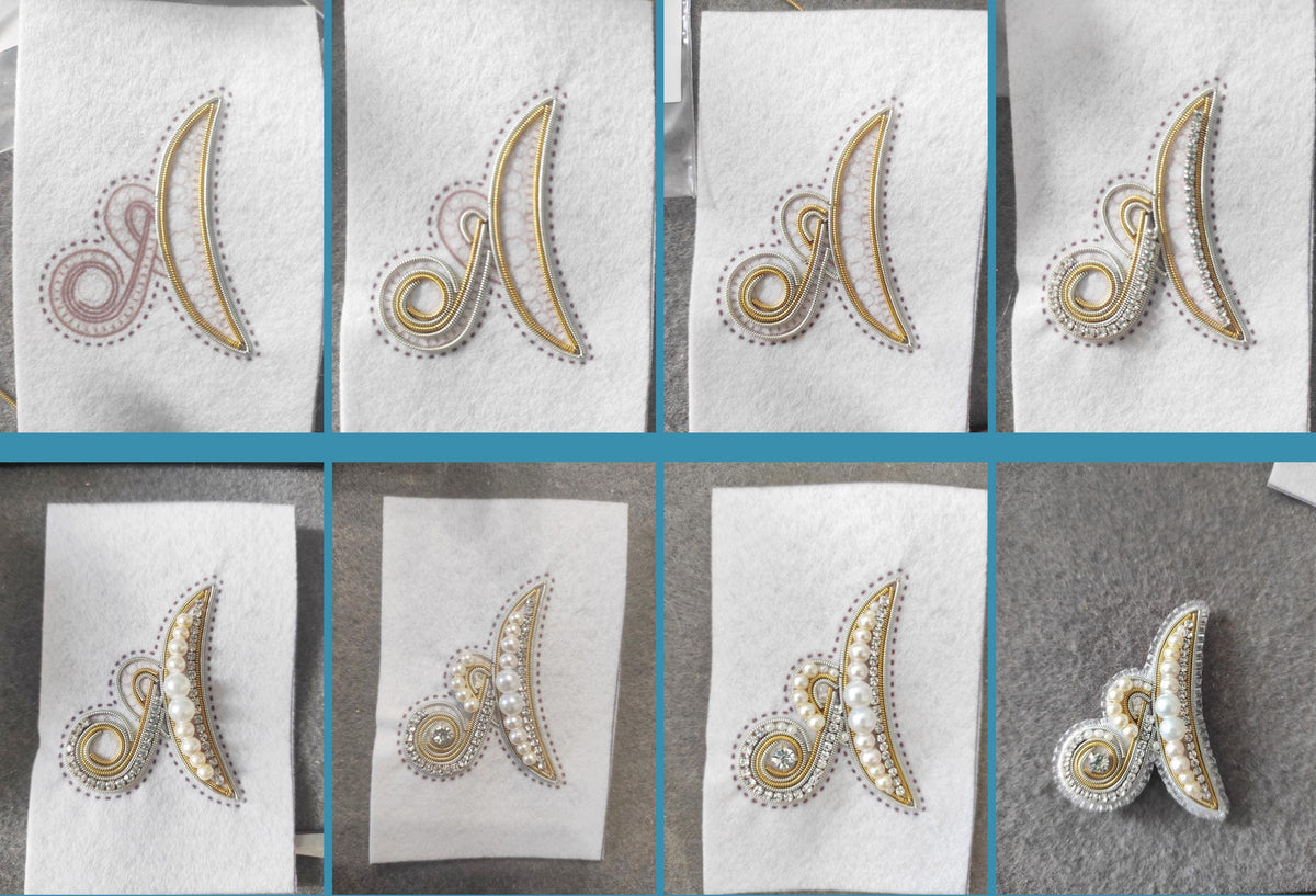 The image is a collage of six photographs depicting various stages of an embroidery or beading project. The images show different stages of the project, from the initial design to the final product.