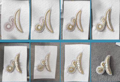 The image is a collage of six photographs depicting various stages of an embroidery or beading project. The images show different stages of the project, from the initial design to the final product.
