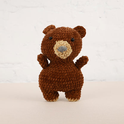 a crocheted brown teddy bear standing on its hind legs