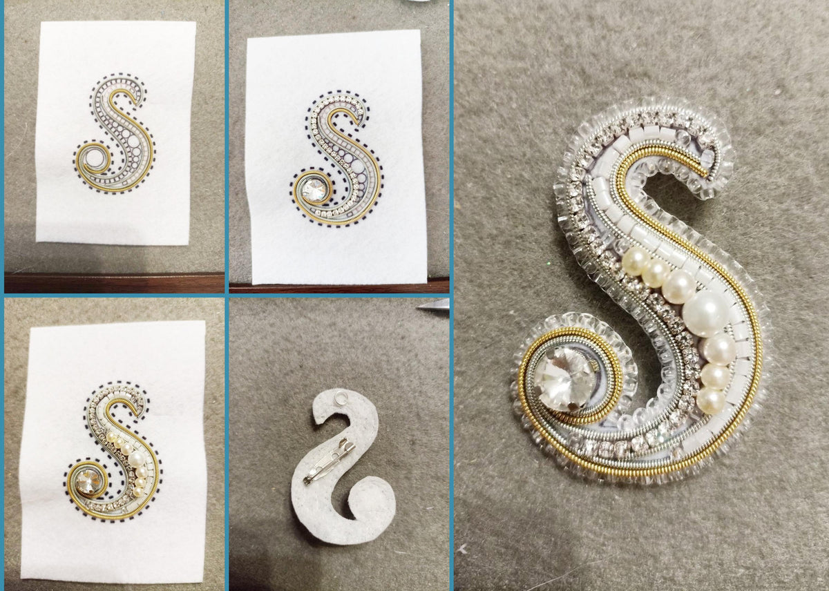 The image is a collage of four photos showing the process of creating a decorative letter 'S' using various materials such as paper, fabric, and beads.