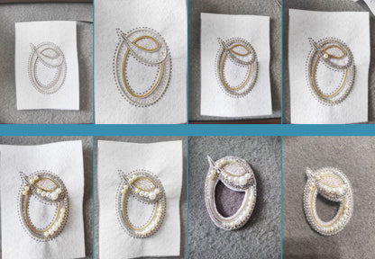 The image is a collage of nine images showing various stages of an embroidery design process. The images depict different stages of the design, including the initial design, the embroidery process, and the final completed design.