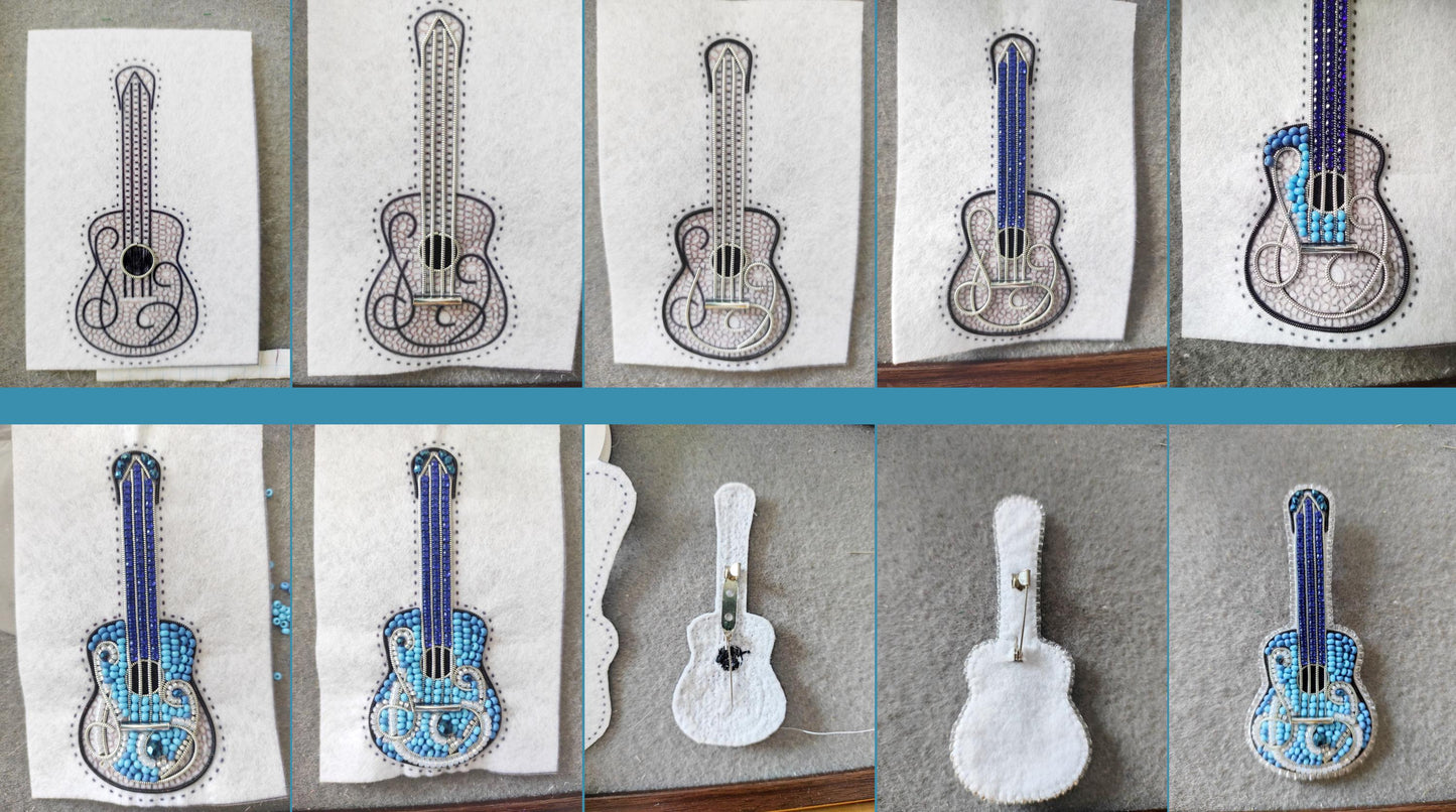 The image is a collage of nine photographs depicting the process of creating a beaded guitar. The photographs show the initial design, the construction of the guitar, and the final product.