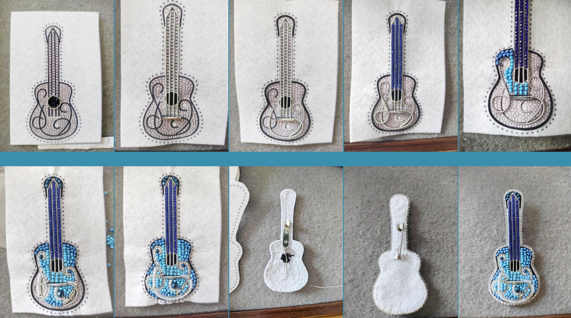 The image is a collage of nine photographs depicting the process of creating a beaded guitar. The photographs show the initial design, the construction of the guitar, and the final product.
