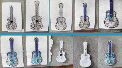 The image is a collage of nine photographs depicting the process of creating a beaded guitar. The photographs show the initial design, the construction of the guitar, and the final product.