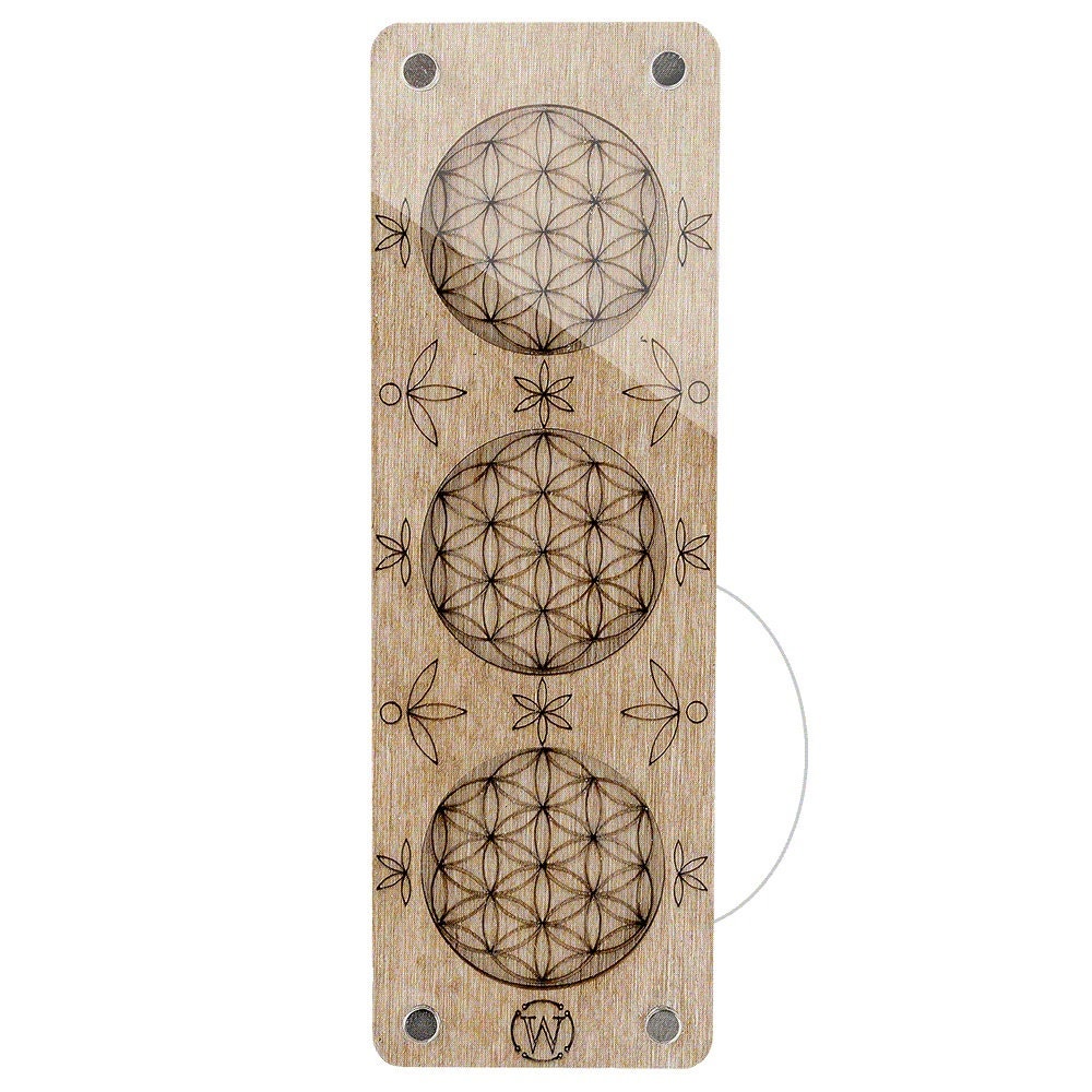 a wooden bookmark with three flower of life designs