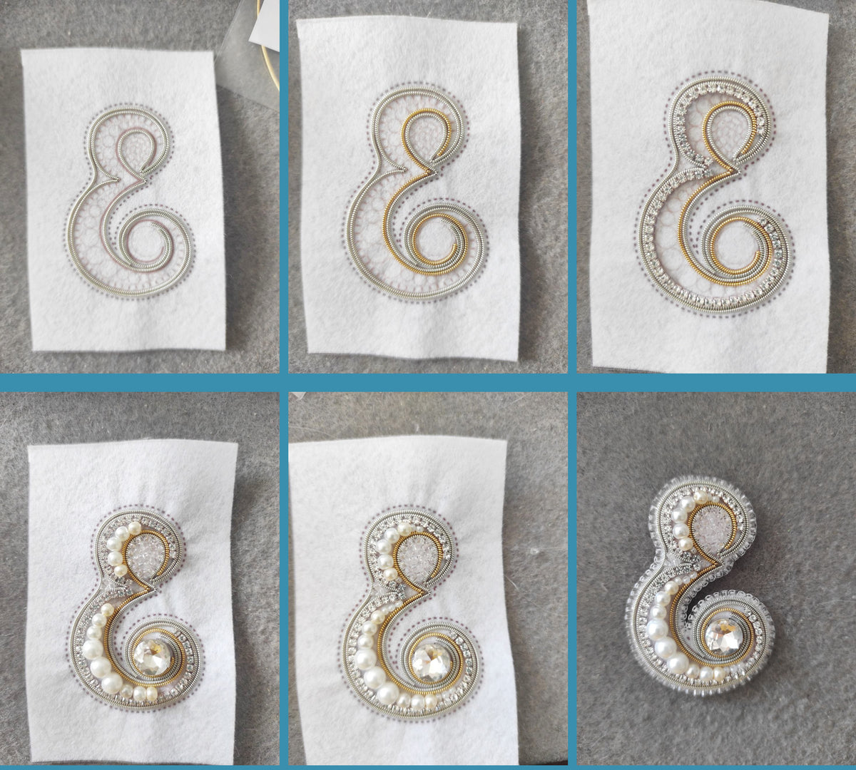 The image is a collage of six photographs depicting various stages of creating a decorative piece with a floral or scroll-like design.