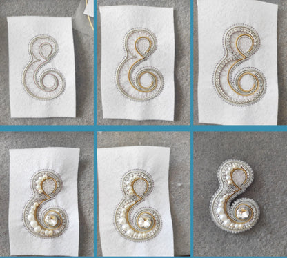 The image is a collage of six photographs depicting various stages of creating a decorative piece with a floral or scroll-like design.