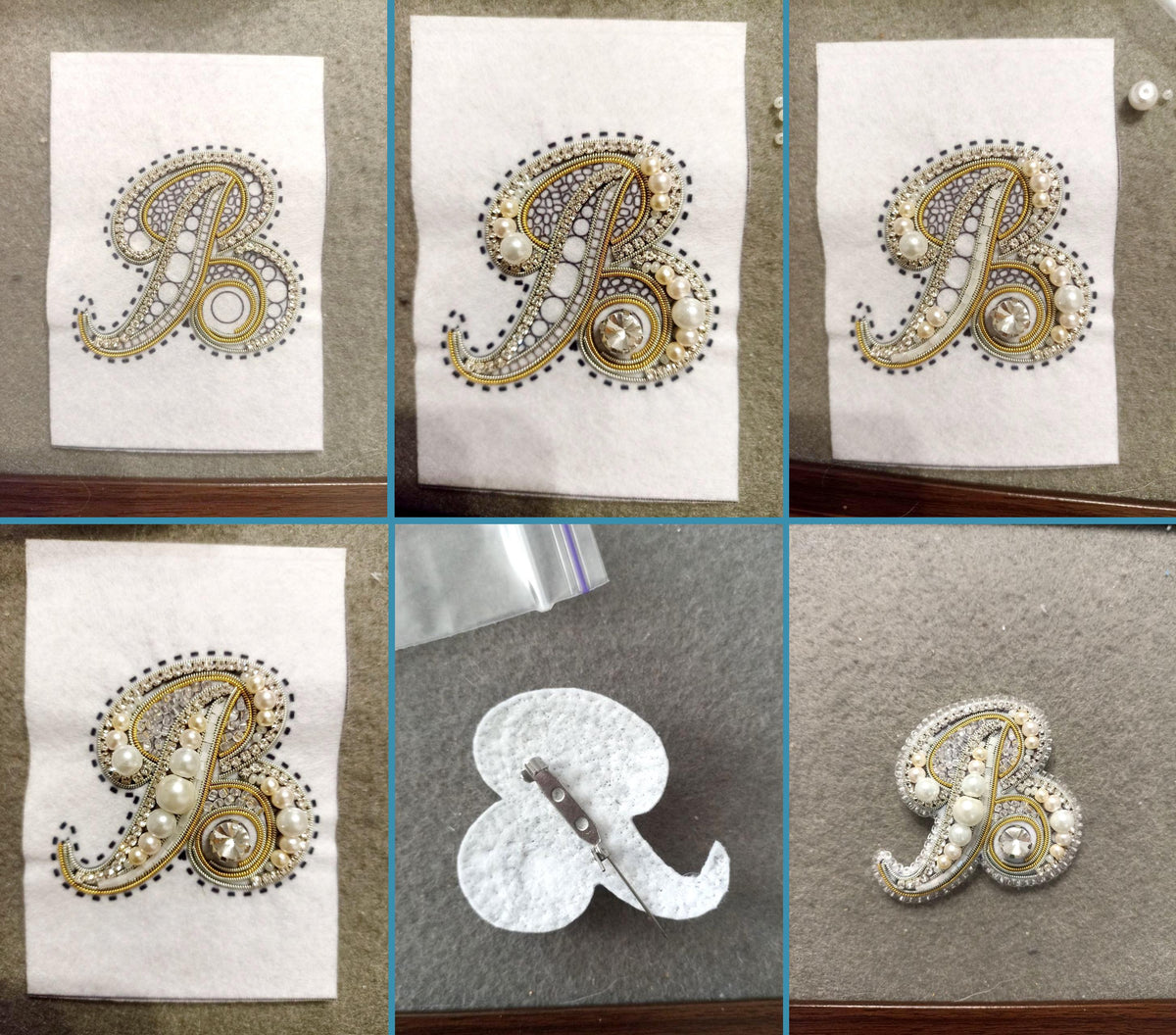 The image is a collage of six photos showing the process of creating a decorative letter 'B' using various materials such as beads, sequins, and buttons.