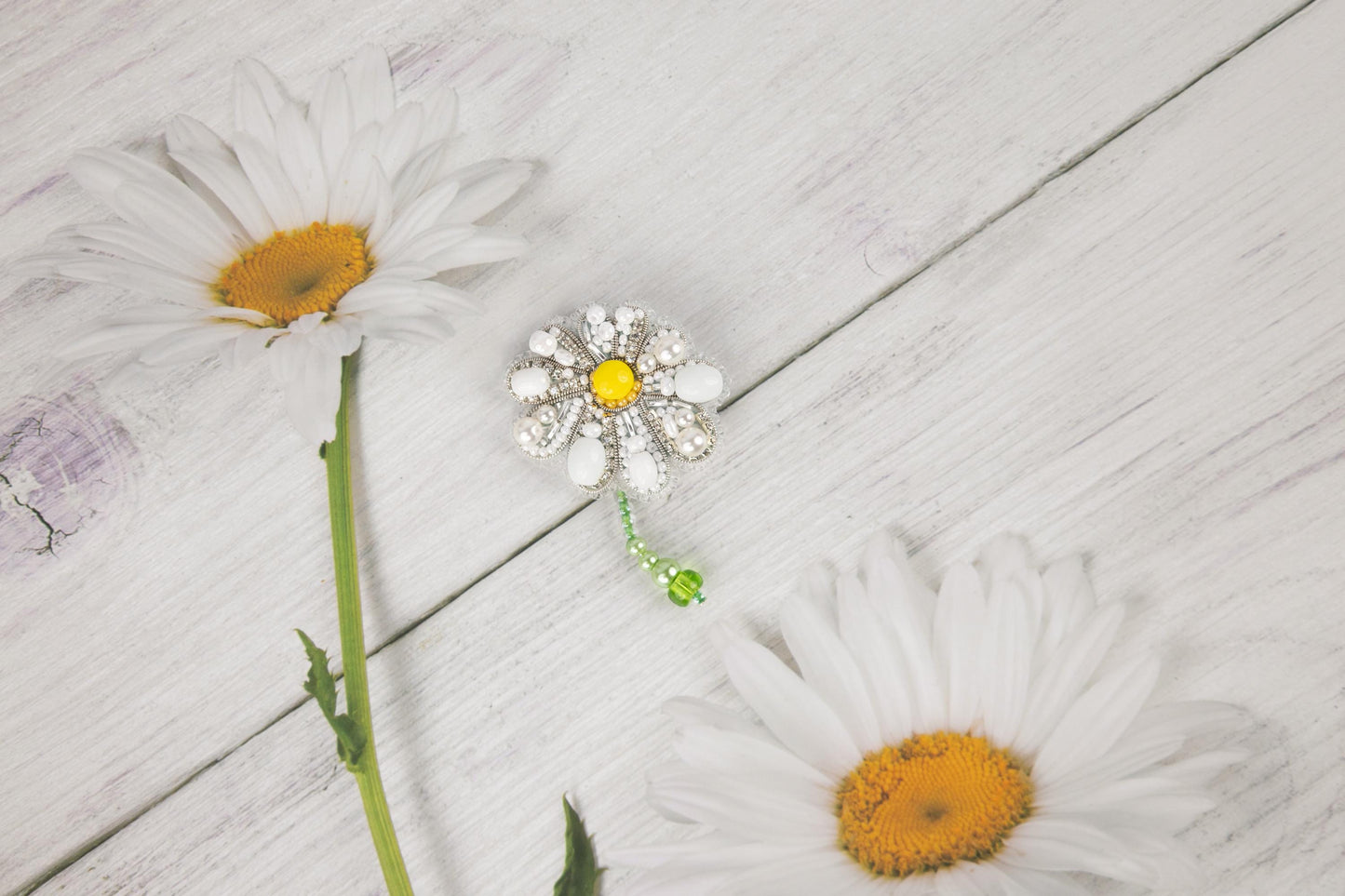 two daisies on a white wooden surface