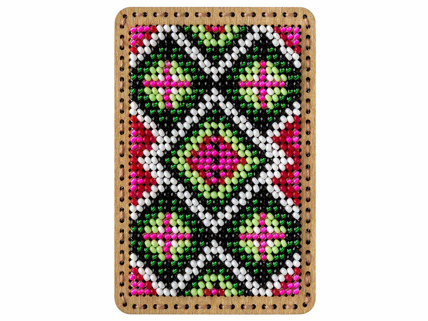 a wooden frame with a colorful beaded pattern on it