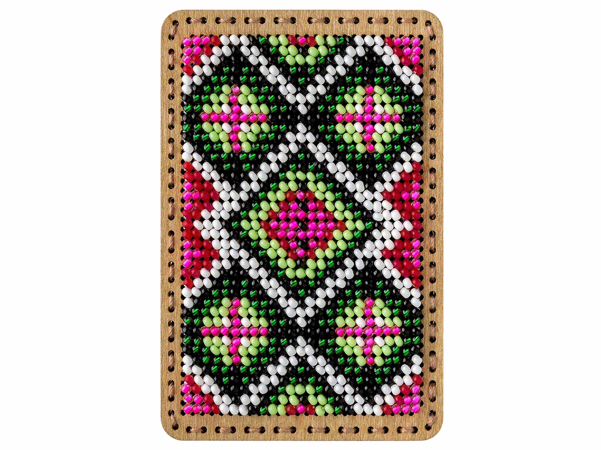 a wooden frame with a colorful beaded pattern on it