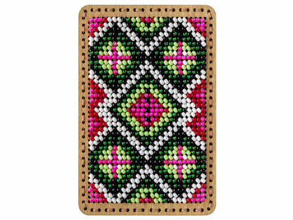 a wooden frame with a colorful beaded pattern on it