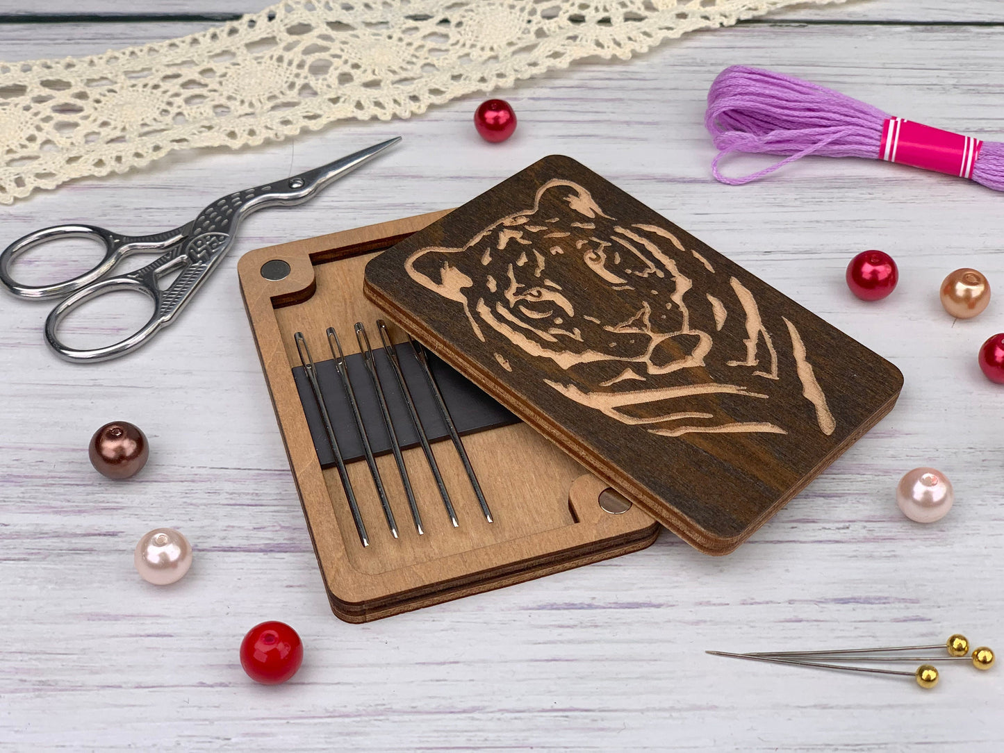 a wooden cutting board with a tiger on it