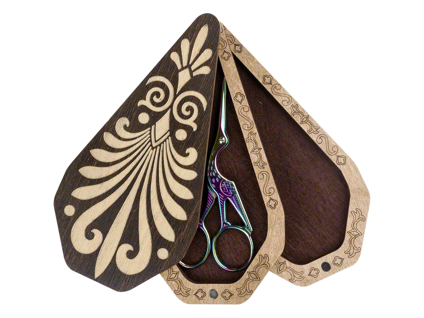 a pair of scissors sitting inside of a wooden case