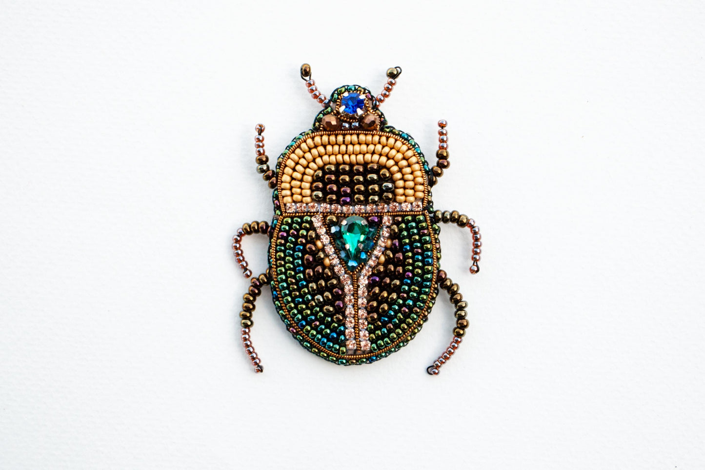 a beaded beetle sitting on top of a white surface